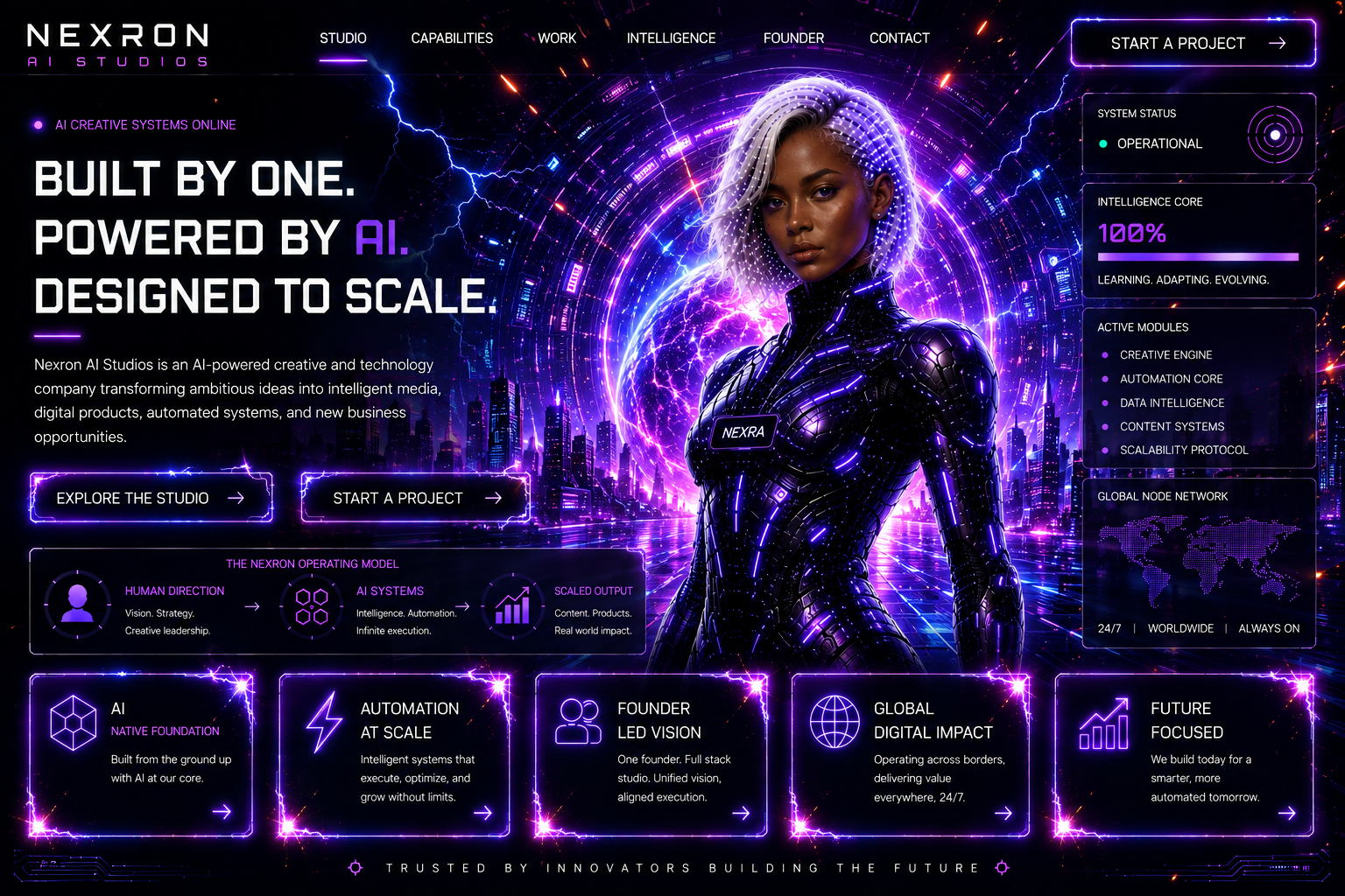 Nexron AI Studios futuristic homepage featuring Nexra, a platinum-haired cybernetic AI woman, with navigation, project buttons, system telemetry, and five studio capability cards.